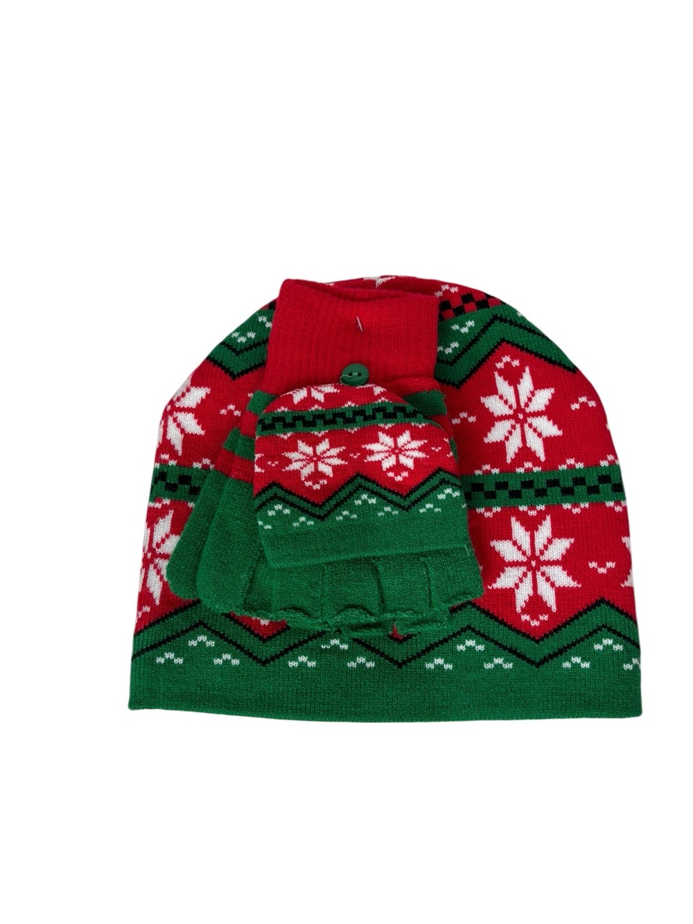 Christmas holiday fair isle red green combo hat and gloves set NEW one size